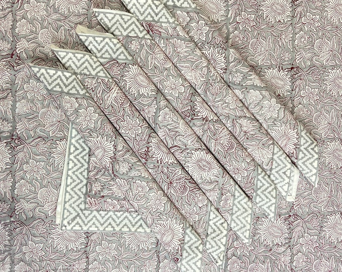 6 Seater Floral Rectangular Bordered Indian Block Print Cotton Tablecloth with Square Napkin set, elegant Dinning Table Cover,150CM X 225CM