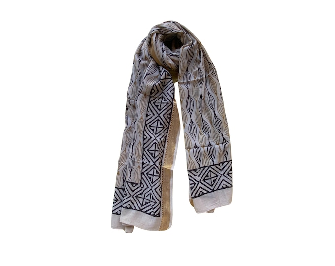 Hand Block Printed Cotton Zari Sarong | Beach Wrap, Scarf, Cover-Up Shawl