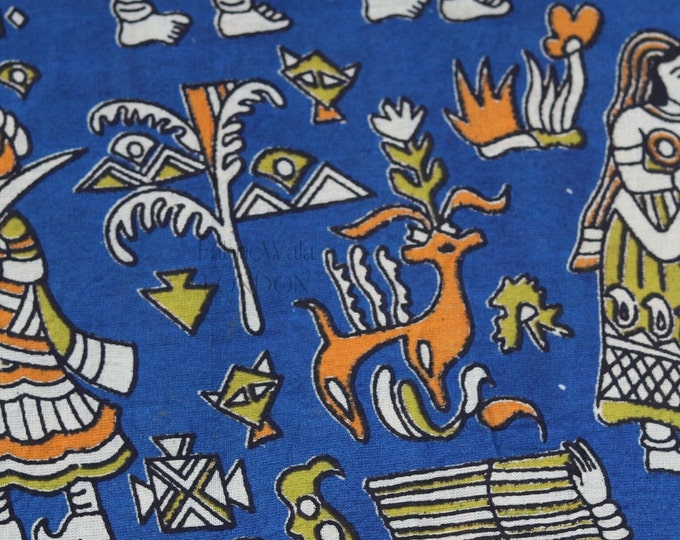 Block Print 100% cotton kalamkari , Fabric Jungle Village Print fabric ,Royal Hand Crafting Fabric with blue orange & White  FAB303
