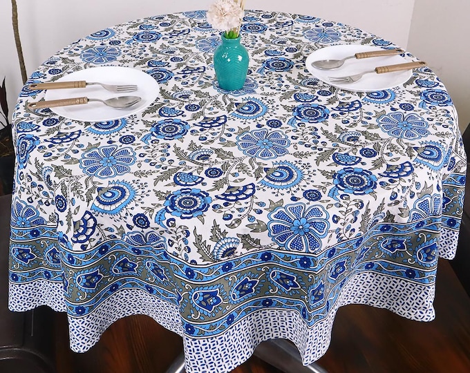 Round Blue Grey Garden inspired Table drapery, Indian Block Print Cotton table Cover, Moving-in gift, Cottage kitchen table cover