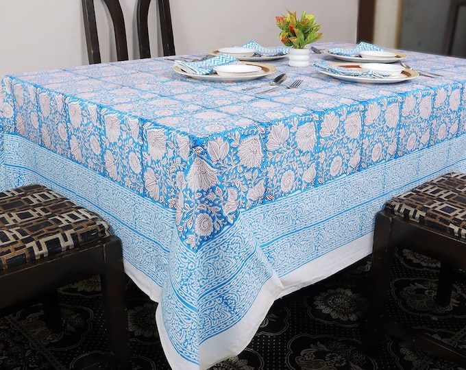 8 Seater Rectangular Floral Tablecloth with Napkin set, Jaipur Tablecloth Indian Block Print Cotton table Cover, Housewarming Gift