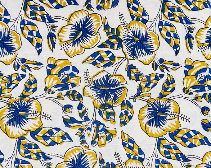 Beautiful Blue/mustard Botanical block print cotton fabric Indian Fabric, fabric by yard, Block Printed Cotton women clothing robe FAB356