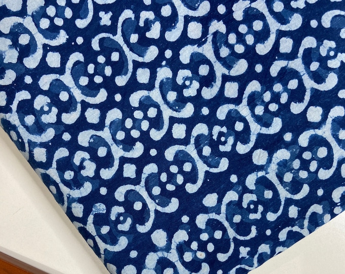 Geomatric Indigo/Dabu/Blue block print fabric Hand Printed Indian Fabric Natural Vegetable Dye Tablecloth Sewing Fabric, Fab-373