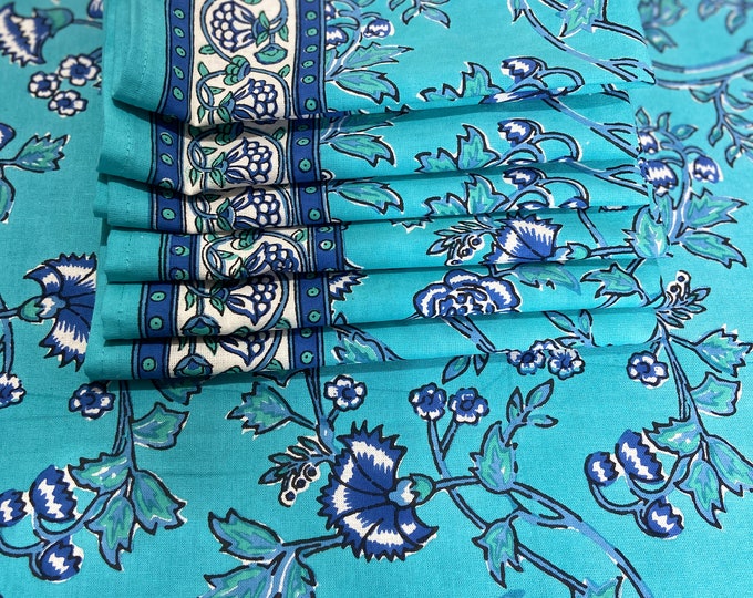 6 Seater Rectangular Indian Block Print Cotton Tablecloth with Square Napkin set, Dinning Table Cover,150CM X 225CM