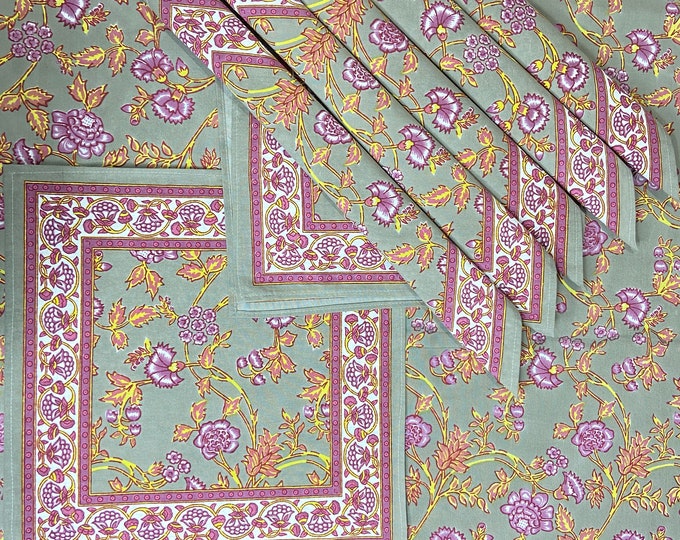 6 Seater Rectangular Indian Block Print Cotton Tablecloth with Square Napkin set, Dinning Table Cover,150CM X 225CM