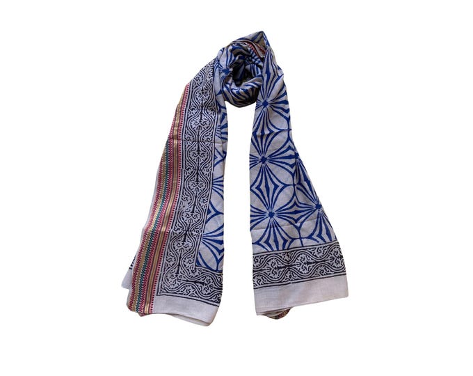 Hand Block Printed Zari Cotton Sarong | Beach Wrap Pareo | Large Cotton Scarf | Soft Cover-Up | Lightweight Shawl | Boho Holiday Accessory