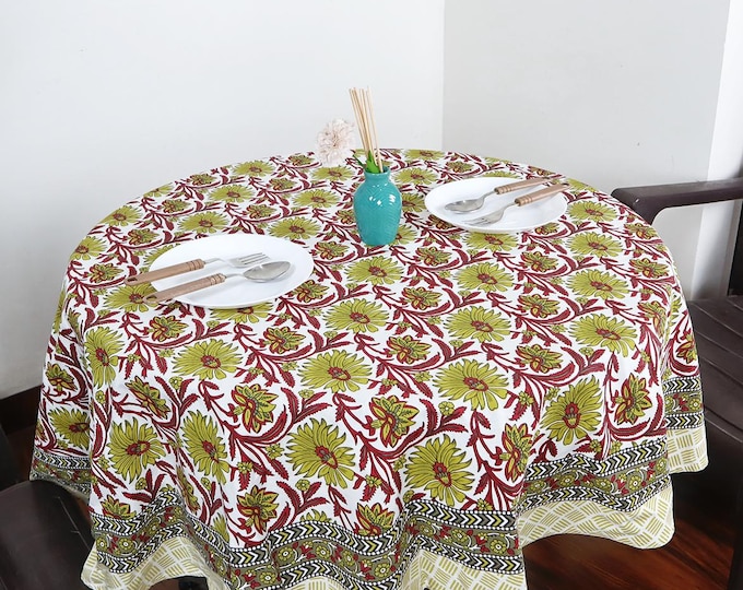 Floral Round Red-Mustard Tablecloth, Indian Block Print Cotton table Cover, Housewarming Gift, Country Kitchen Round Table Cloth Throw