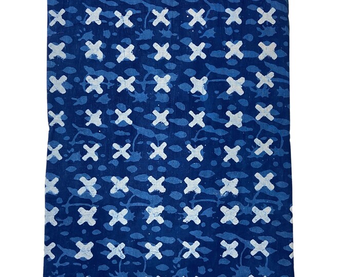 White Blue swiss cross Hand block print Printed Indian Natural Vegetable Dye Tablecloth Sewing Fabric, fab-361