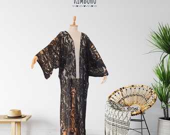 Long black lace kimono