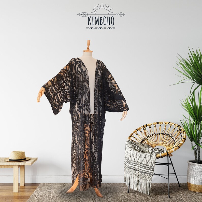 Long Black Lace Kimono Etsy