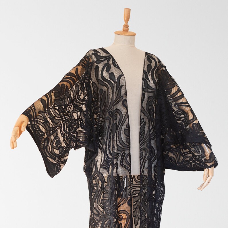 Long Black Lace Kimono Etsy