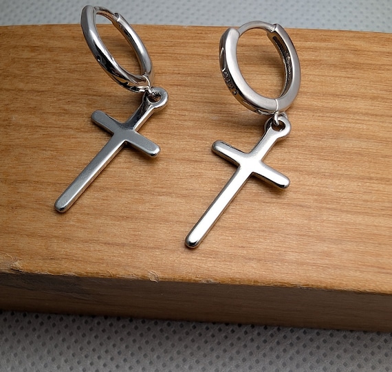 Silver Cross Dangle Earrings, Sterling Silver Plated Drop Earrings, Crucifix Charm Hoop Earrings, Religious Jewellery Gift
