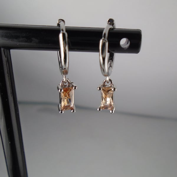 Champagne Crystal Hoop Huggie Dangle Silver Earrings, Cubic Zirconia Crystal +Bag