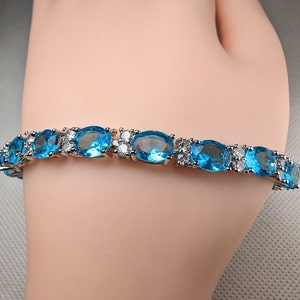 Blue Topaz/Aquamarine Silver Tennis Bracelet Adjustable Crystal Gemstones Oval Cut  17.5 cm + 2.5cm Extender