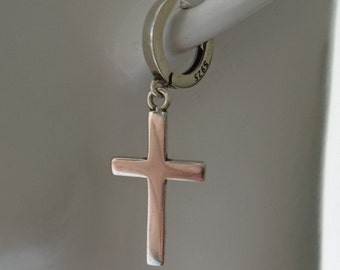 Cross/Crucifix Drop Dangle Earrings Silver Huggie Earrings, Cross Hoop Earrings + Bag