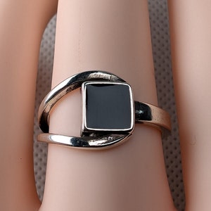 Svart onyxsten silverring silver, kubisk zirkoniaring, ring för kvinnor, justerbar ring öppen armband