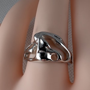 Chunky Irregular Abstract Molten Liquid Metal Blob Ring For Women Silver Plated Adjustable/Resizeable Open Band