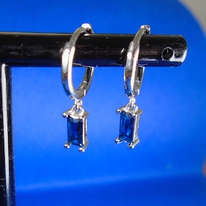 Beautiful Blue Sapphire Hoop Huggie Dangle Earrings Sterling Silver Plated Cubic Zirconia Crystal +Bag