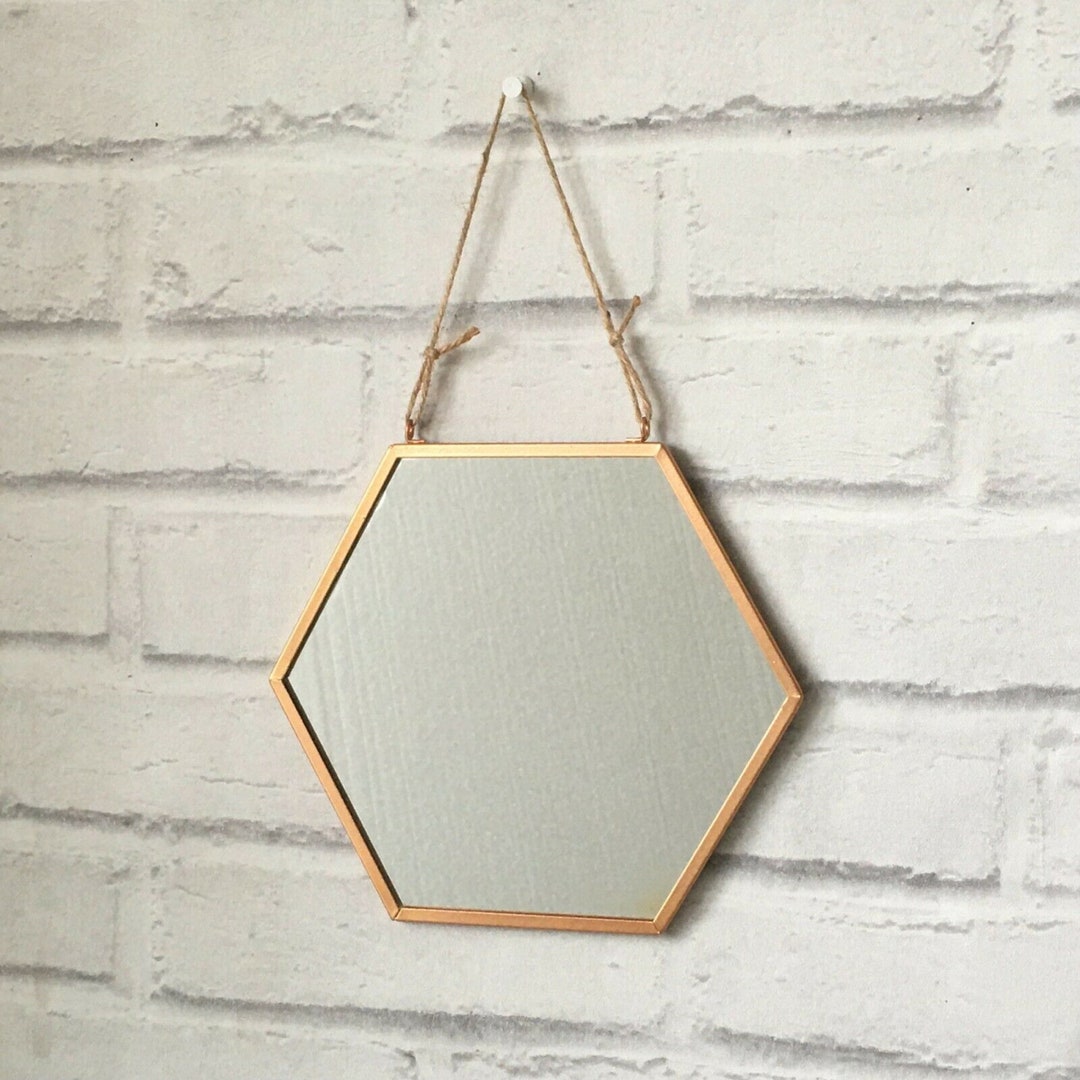 Small Gold Hanging Hexagon Wall Mirror Metal Rope Geometric Etsy UK