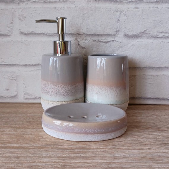 3 Piece Bathroom Set Grey Glazed Mojave Stoneware Ceramic Soap Etsy Sweden