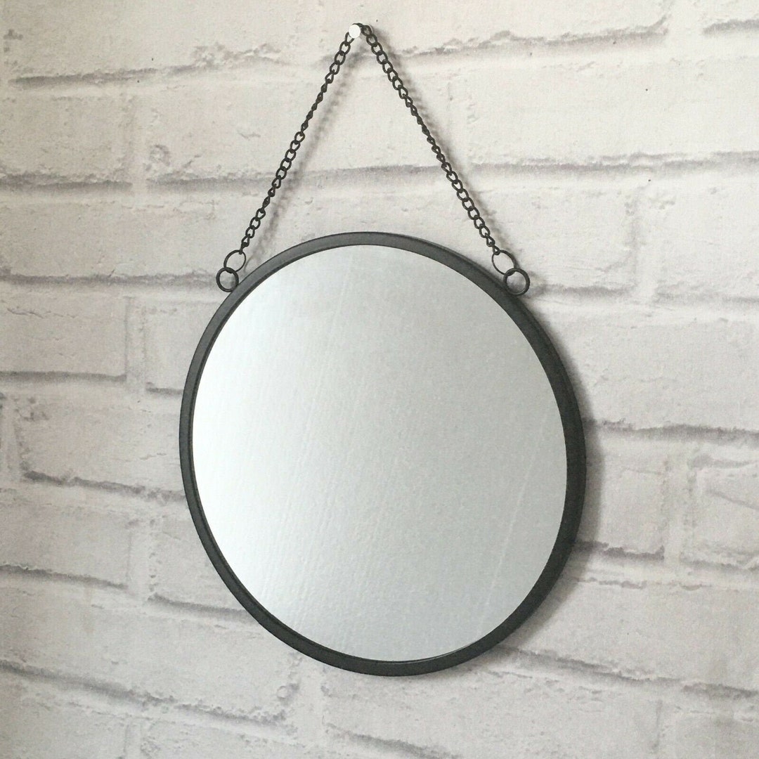 Black Hanging Round Wall Mirror Metal Chain Geometric Modern Etsy
