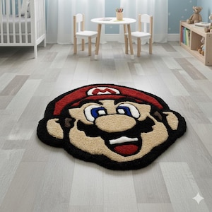 Handmade Tufted Mustachioed Hero Rug: Retro Gamer Decor