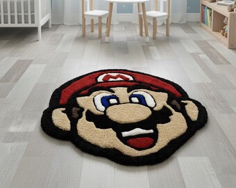 Alfombra de héroe con bigote y mechones hecha a mano: decoración retro gamer