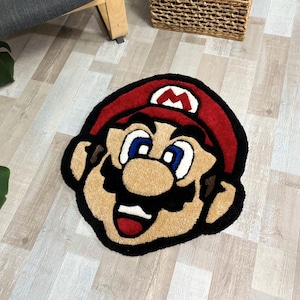 Handmade Mustachioed Hero Rug – Custom Tufted Cartoon Face Rug, Retro Gamer Decor, Fun Gift for Kids & Video Game Fans