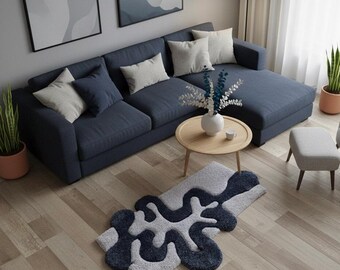 Alfombra ondulada azul hecha a mano con mechones: decoración costera, 50 x 32 cm