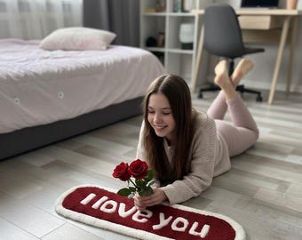 Alfombra con mechones "Te amo": decoración mullida hecha a mano para San Valentín