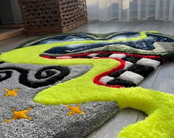 Alfombra de mechones Night & Nature: Paisaje neón, acrílico, hilo de bambú, 27"
