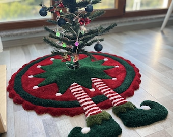 Falda de árbol navideña hecha a mano, alfombra con mechones - Decoración navideña roja y verde, 34 pulgadas