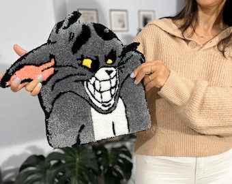 Funny Cat Tom Tufted Rug: Handmade Acrylic Bamboo Yarn 23 inches