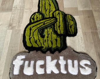 Alfombra con mechones de cactus Fucktus divertida: Arte de suelo hecho a mano con hilo de bambú acrílico.