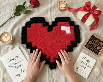 Alfombra de mechones Pixel Heart: decoración de amor hecha a mano con acrílico y bambú