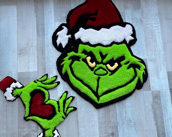 Alfombra Gr*nch tejida a mano – Alfombra verde con personajes navideños, 23,6 × 19,7 pulgadas