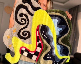 Night & Nature Tufted Rug: Neon Landscape Art Acrylic Bamboo Yarn 27”