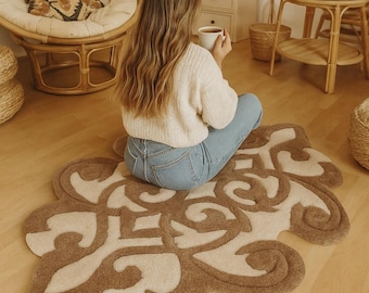 Alfombra de algodón orgánico con mechones en color marrón café Swirl de 78 cm
