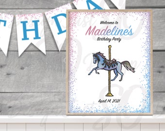 Custom Birthday Sign | Birthday Party Poster | Kids Birthday Poster | (16x20) | Carousel Horses | 2 Designs