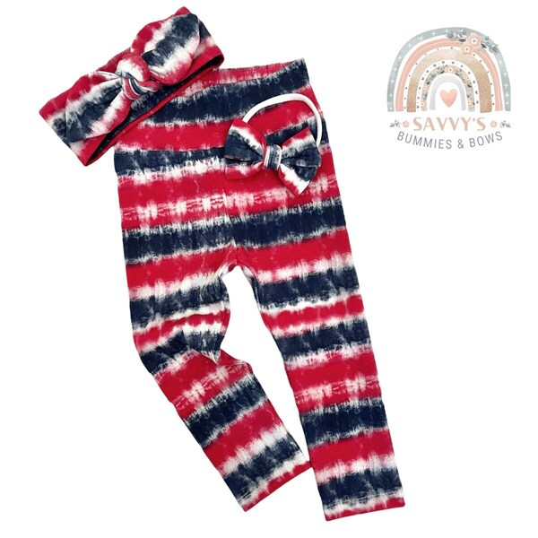 Patriotic Tie Dye Leggings and Bow Set, Topknot, Nylon Bow, High waisted leggings, baby girl outfit