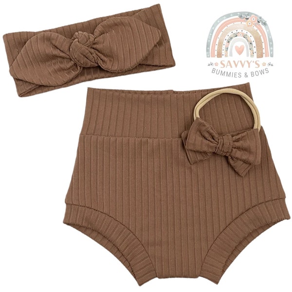 Mocha Rib Knit Bummies and Bow Set, High waisted bummies, High waisted shorts, Top knot headband, nylon bow, clip bow, girl outfit