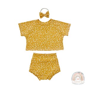 Floral Mustard Bummies Lounge Set, Bummies, Modest Crop Top, Baby Girl Gift