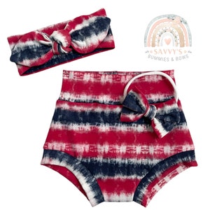 Patriotic Tie Dye Bummies and Bow Set, Top Knot, Nylon Bow, High waisted bummies, High waisted shorts, Bloomers, baby girl outfit