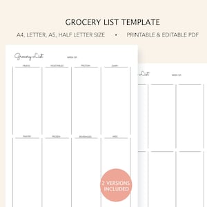 Grocery List, Printable, Editable PDF, Minimalist Grocery List Template, Fillable PDF, Instant Download, A4, Letter, A5, Half Letter