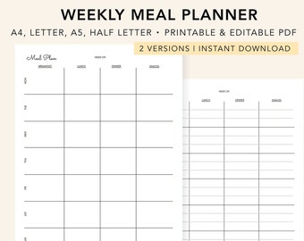 Weekly Meal Planner, Printable, Editable, Meal Plan Template, Food Journal, Minimalist Meal Planner, Download, A4, Letter, A5, Half Letter