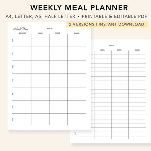 Weekly Meal Planner, Printable, Editable, Meal Plan Template, Food ...