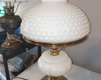 Milk Glass Hobnail and Brass Base Hurricane Lamp and Shade