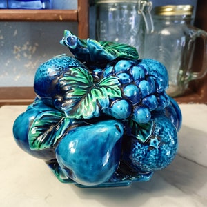 Blue Fruit Ceramic Cookie Snack Jar Lidded Vintage