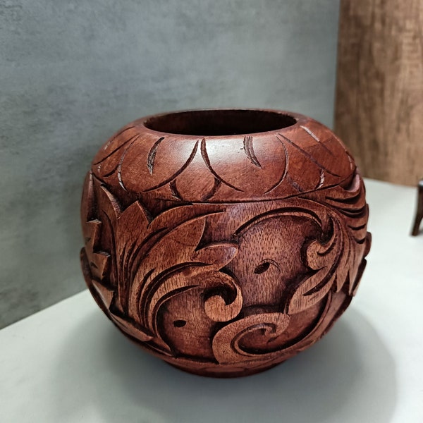 Handcarved Wooden Vase Container Pencil Holder