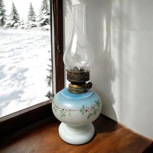 Antique Blue and White Hurricane Oil Lamp Miniature